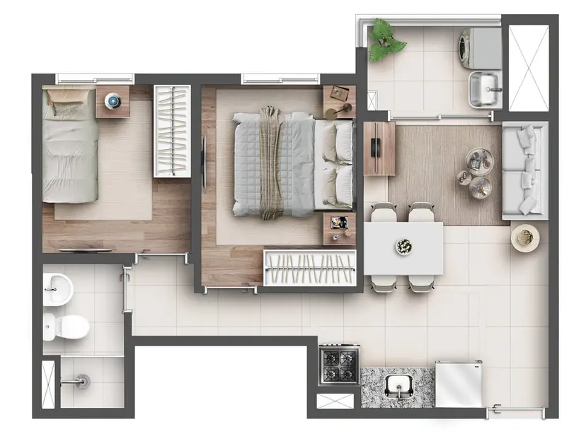 Planta 2 dormitórios 39,41 m²