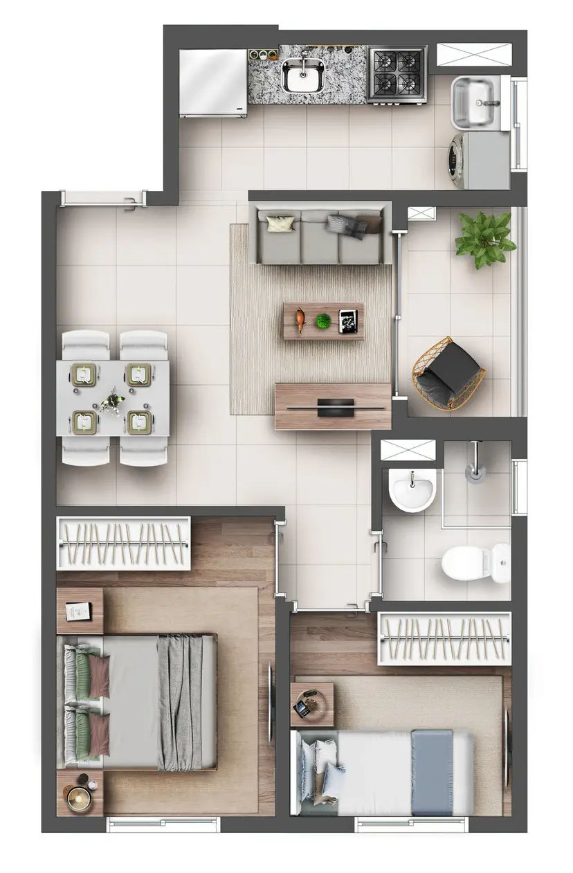 Planta 2 dormitórios 39,71 m²