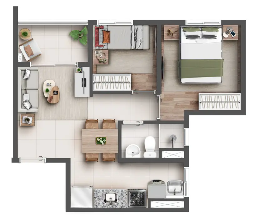 Planta 2 dormitórios 39,76 m²