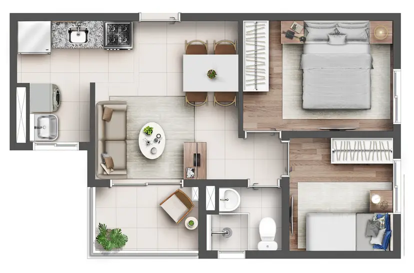 Planta 2 dormitórios 39,91 m²
