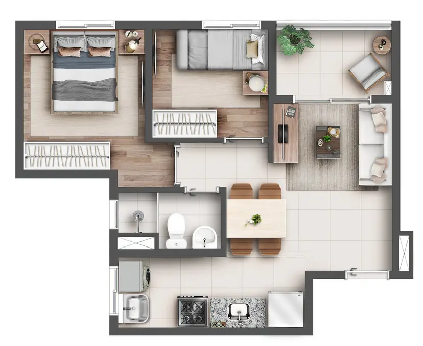 Planta 2 dormitórios 40,38 m²