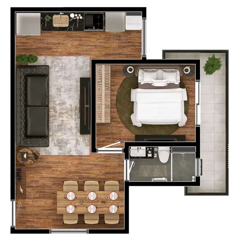 Planta 1 dormitório 40,79 m²