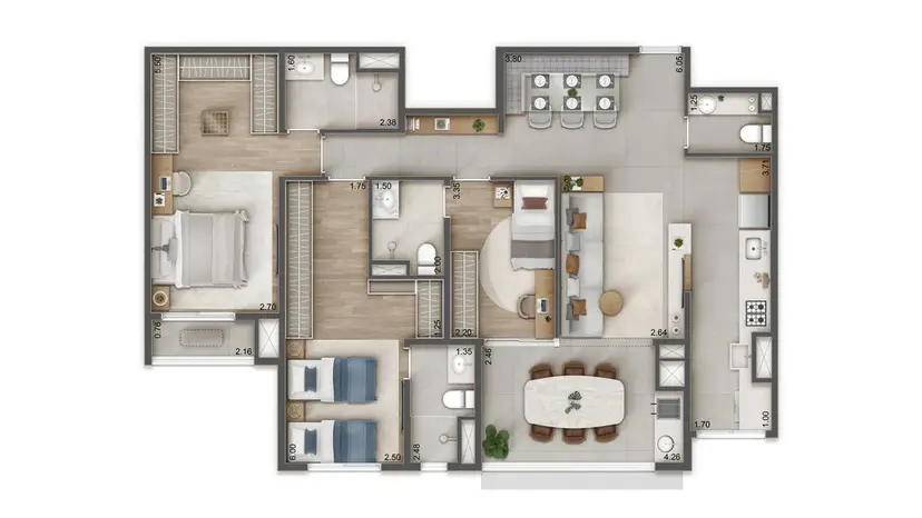 Planta 3 dormitórios 106 m²