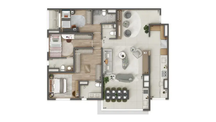 Planta 3 dormitórios 129 m²