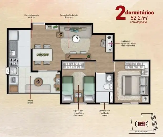 Planta 2 dormitórios 52 m²