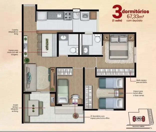 Planta 3 dormitórios 67 m²