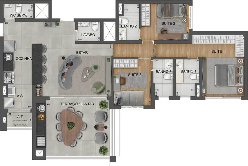 Planta 3 dormitórios 118 m²