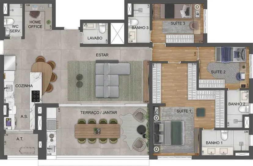Planta 3 dormitórios – opção de planta 135 m²
