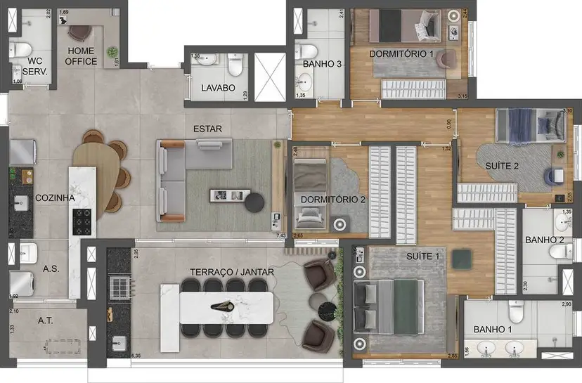Planta 4 dormitórios 135 m²