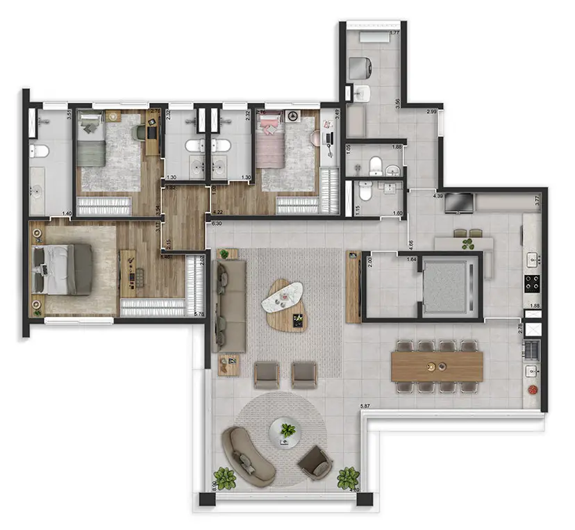 Planta 3 dormitórios 175 m²