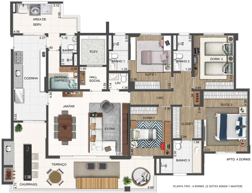 Planta 4 dormitórios 183,30 m²
