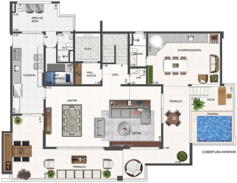 Planta 4 dormitórios – cobertura, duplex 284,25 m²