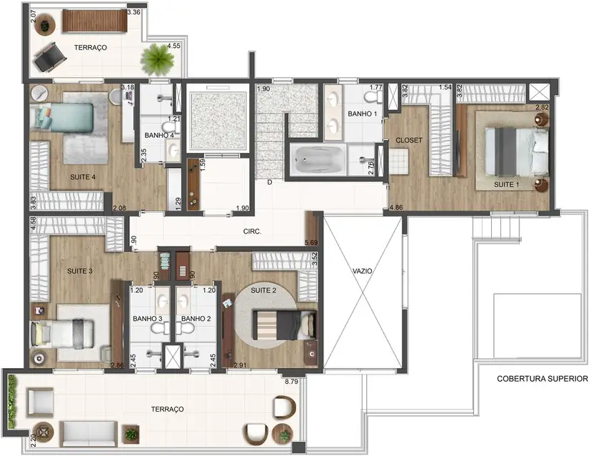 Planta 4 dormitórios – cobertura, duplex 284,25 m²