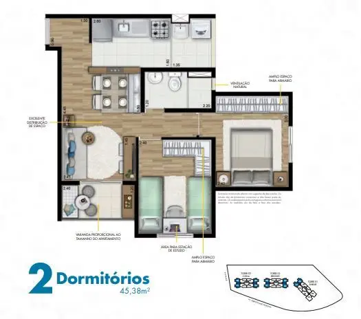 Planta 2 dormitórios 45 m²