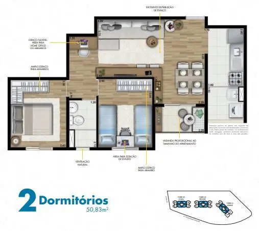 Planta 2 dormitórios 50 m²