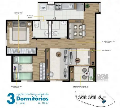 Planta 3 dormitórios 61 m²