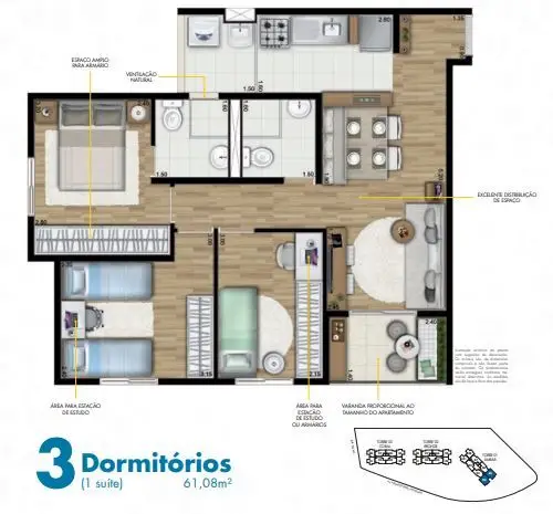 Planta 3 dormitórios 61 m²