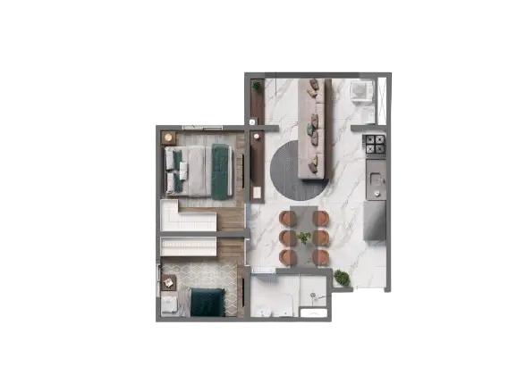 Planta 2 dormitórios 41,91 m²