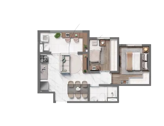 Planta 2 dormitórios 42,43 m²