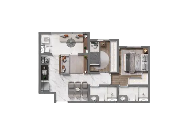 Planta 2 dormitórios 45,56 m²