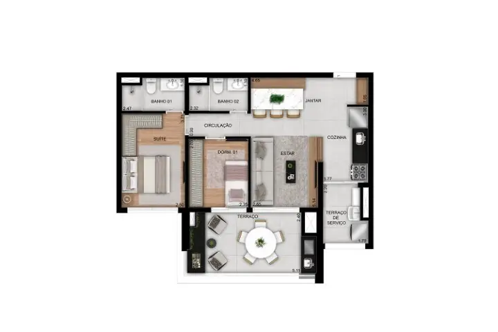 Planta 2 dormitórios 71 m²