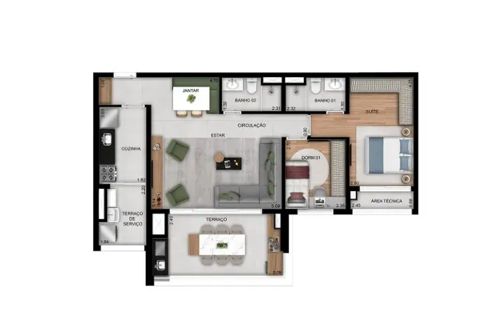 Planta 2 dormitórios – opção de planta 86 m²