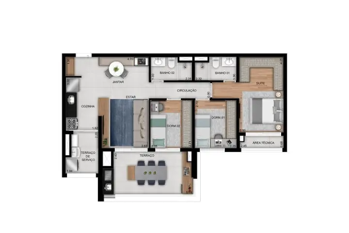 Planta 3 dormitórios 86 m²