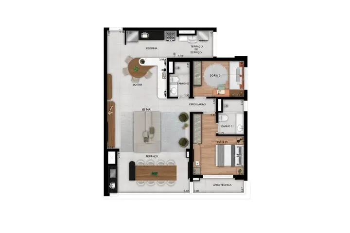 Planta 2 dormitórios – opção de planta 100 m²