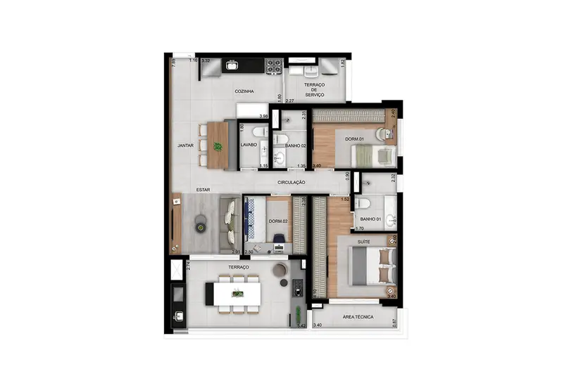 Planta 3 dormitórios 100 m²