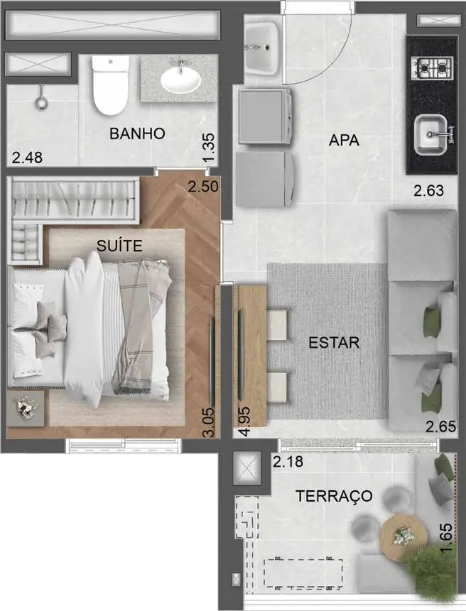 Planta 1 dormitório 32 m²