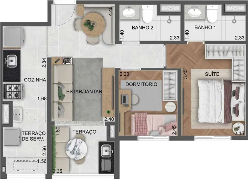 Planta 2 dormitórios 53 m²