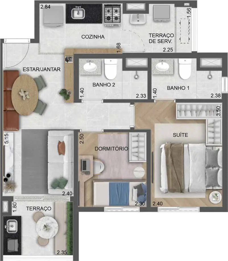 Planta 2 dormitórios 54 m²