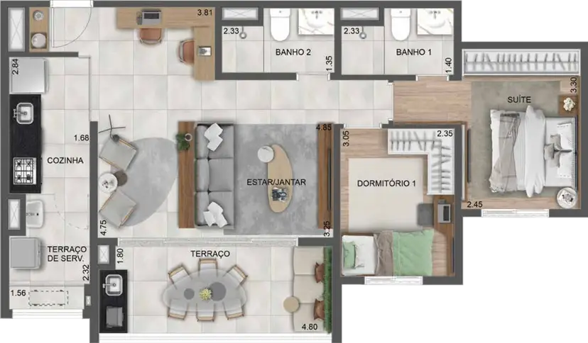 Planta 2 dormitórios 71 m²
