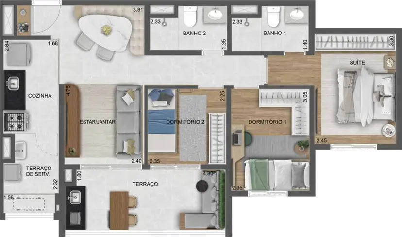 Planta 3 dormitórios 71 m²