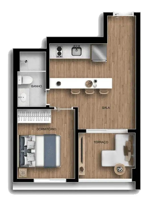 Planta 1 dormitório 35 m²