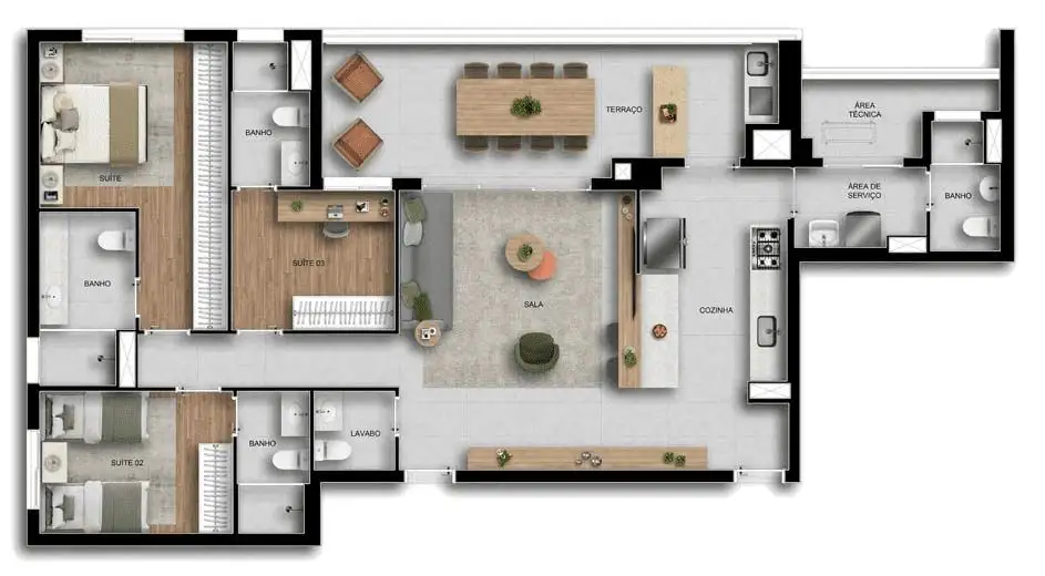 Planta 3 dormitórios – opção de planta 128 m²