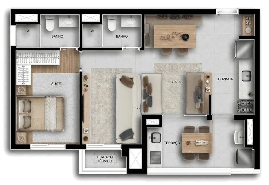 Planta 1 dormitório – opção de planta 60 m²