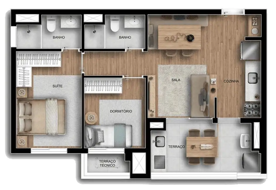 Planta 2 dormitórios 60 m²