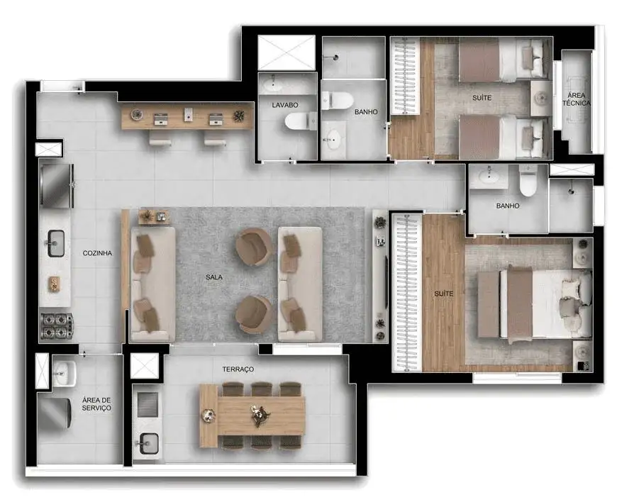 Planta 2 dormitórios – opção de planta 90 m²