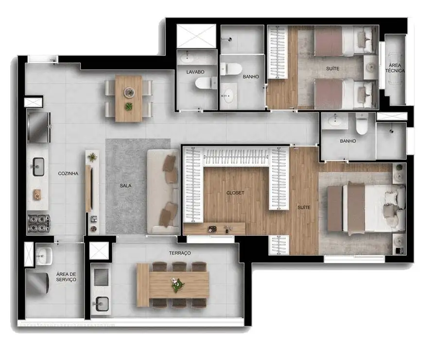 Planta 2 dormitórios – opção de planta 90 m²