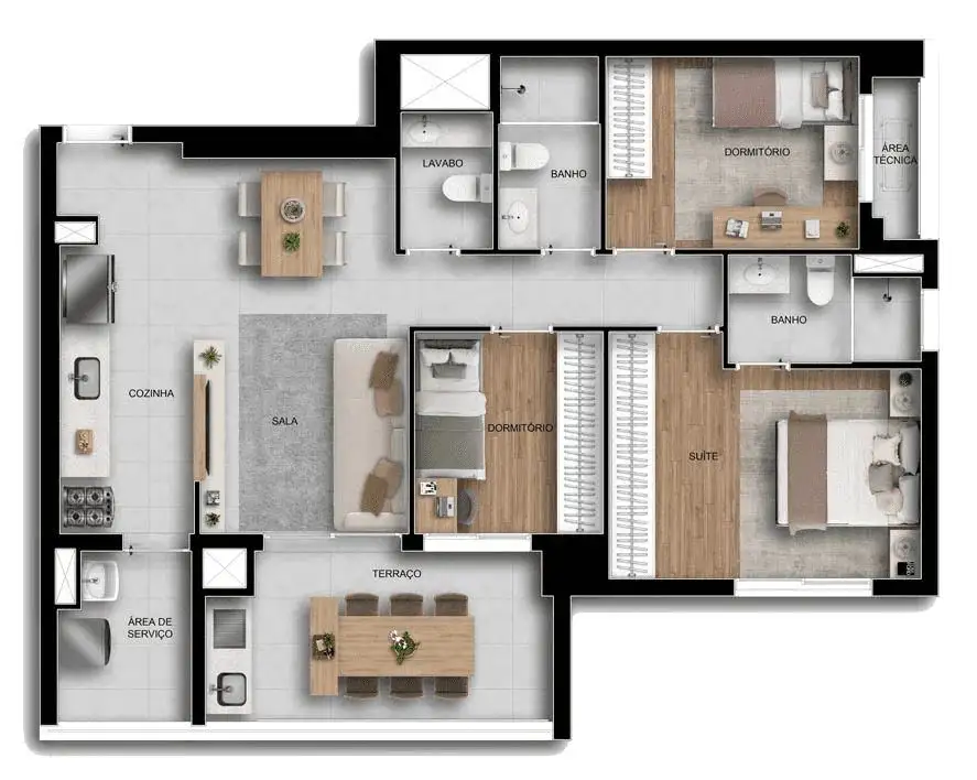 Planta 3 dormitórios 90 m²