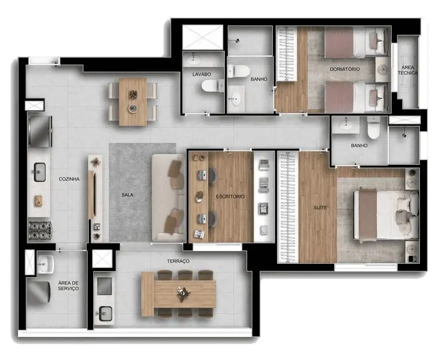 Planta 3 dormitórios – opção de planta 90 m²