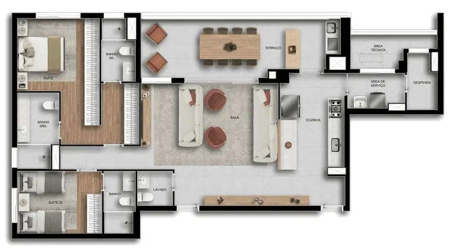 Planta 2 dormitórios – opção de planta 128 m²