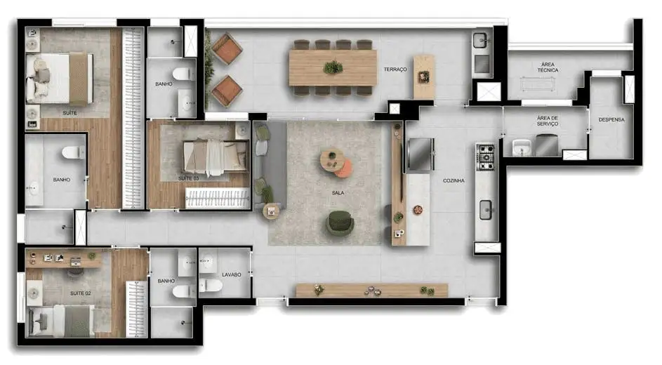 Planta 3 dormitórios 128 m²