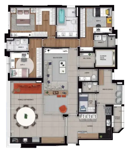 Planta 3 dormitórios 160 m²