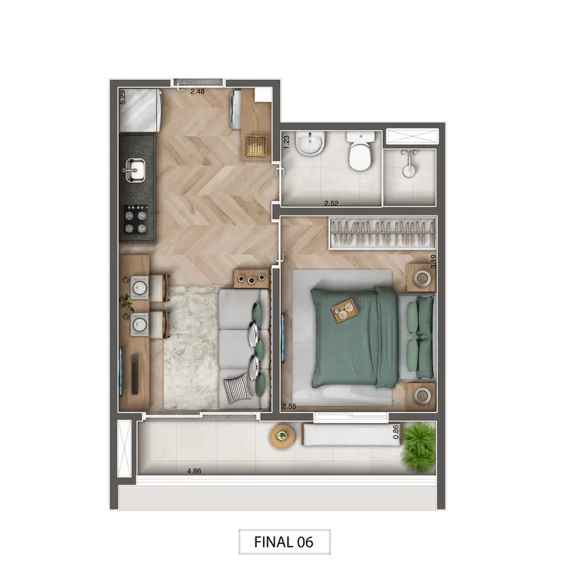Planta 1 dormitório 33,35 m²