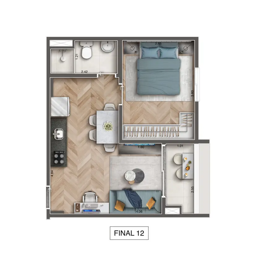 Planta 1 dormitório 35 m²