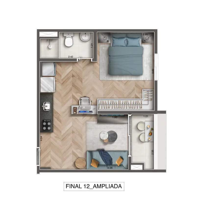 Planta 1 dormitório 35 m²
