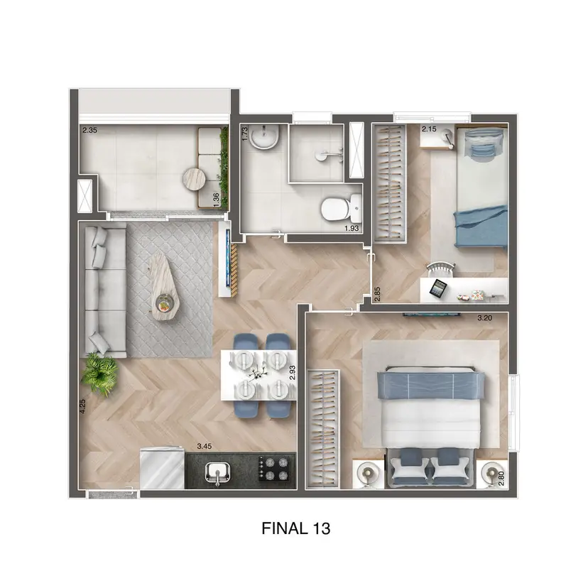 Planta 2 dormitórios 42 m²