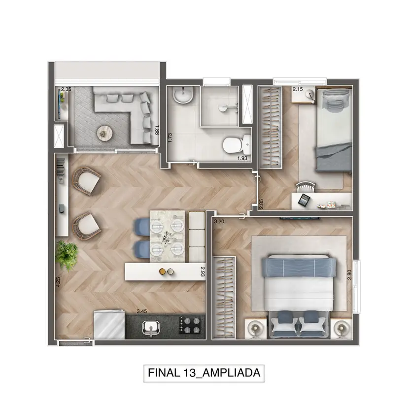 Planta 2 dormitórios 42 m²